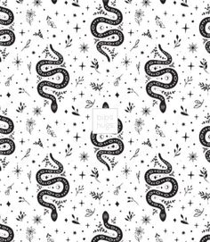 a black and white snake pattern on a white background with snowflakes, stars and sparkles