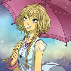 a cartoon girl holding an umbrella in the rain