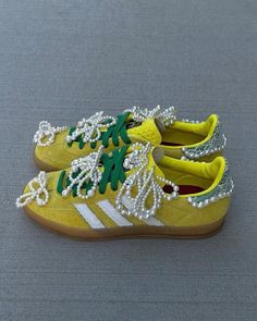 Adidas Gazelles, Beaded Shoes, Yellow Shoes, Sneaker Jewelry, Aesthetic Shoes