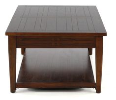 a wooden coffee table with one drawer on the top and two shelves below it, against a white background