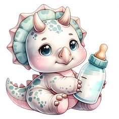 a cartoon baby dinosaur holding a bottle