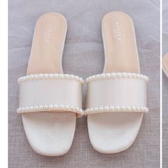 Brand New, Never Worn. Comes With Branded Dust Bag. Does Not Come With Box. Classic Slide Flat Sandals With Pearls On Upper Is Best For Casual And Dressy Look. Simple And Easy Wear For Brides, Bridesmaids And Wedding Parties. The Delicate Pearl Beads Are Placed Carefully By Hand Made To Order To Create A Graceful Classic Wedding Sandals. Details: Upper: Synthetic Upper And Lining Materials: Manmade Outsole Style Name: Evelyn Pearl Wedding Sandals, White Slip On Sandals, White Summer Sandals, Name Evelyn, Flat Bridal Shoes, Sandals With Pearls, Pearl Flats, White Slide Sandals, White Flat Sandals