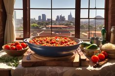 a table topped with bowls filled with food next to a large window covered in curtains