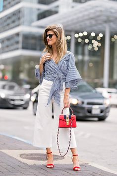 Flared white pants with a gingham wrap top and red heels Heels Sandals Outfit, Pants Ideas, Trendy Work Outfit, Heel Sandals Outfit, Outfit Pants, New Heels, White Ruffle Blouse, Dressy Casual Outfits, Sandals Outfit