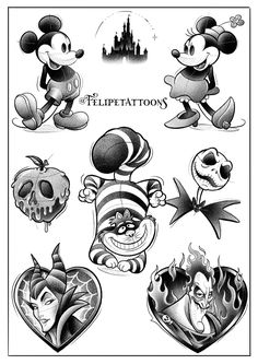 mickey mouse and other disney characters with their faces drawn in black ink on white paper