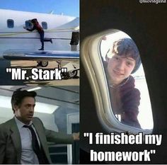 two pictures, one with the caption mr stark i finished my homework