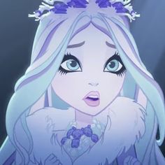 an anime character with blue eyes and long hair wearing a tiara on her head