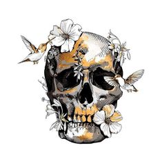 a skull with flowers and birds on it's head is shown in this drawing