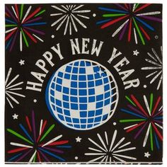 a happy new year card with an image of a disco ball and fireworks on it