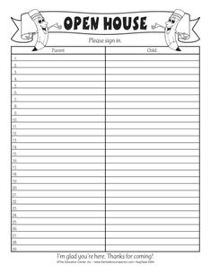 an open house sign up sheet with the words open house written in black and white