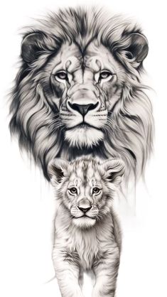 a lion and cub are shown in this black and white drawing