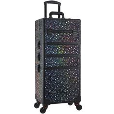 a black suitcase with multicolored stars on it