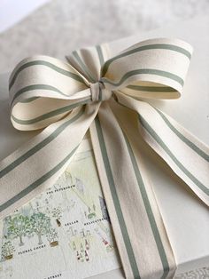 a gift wrapped in white and green ribbon