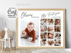 a baby's first year photo is displayed on the wall next to a wooden frame