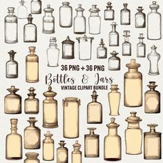 an old fashioned set of bottles and jars with the words, vintage clipart bundle