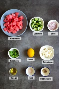 the ingredients to make watermelon cucumber salad laid out in bowls