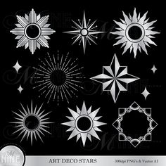 gold art deco stars clipart set on black background with golden border and circle frames