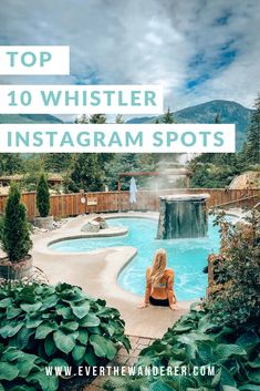 a woman sitting in front of a pool with the words top instagramm photo spots in