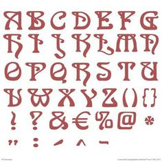 an old english alphabet with red ink on the upper and lower letters, all in different font