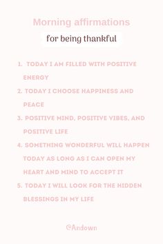 a pink and white poster with the words morning affirmationss for being thanful