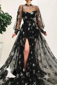 Black High Neck Long Prom Dress With Star Sparkly Long Sleeve Unique Prom Dress Gorgeous Evening Gowns AMY2877 #eveningdresses #formaleveningdresses #promdresses #graduationparty #promdresseslong #eveninggowns #promdresseslace #prom #promgown #promdress2019 #prom2k19 #fashion #eveningdress #amyprom #chic #custompromdress #longsleevepromdress #vintagepromdress #blackpromdress Long Sleeve Prom, Unique Prom Dresses, Illusion Neckline, Black Tulle, Prom Dresses Long With Sleeves