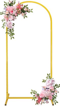 an arch with pink flowers and greenery on it, in front of a white background