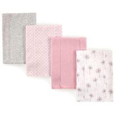 four baby swaddles in pink, grey and white with dandelions on them