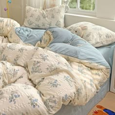 pastel blue flowers pattern print textured fabric bedding duvet cover set roomtery Beds With Quilts, Comforter Sets Blue, Periwinkle Bedding, Satin Bedding Aesthetic, Cute Comforter Sets, Light Blue And Yellow Bedroom, Blue Love Shack Fancy Bedroom, Pink And Blue Room Ideas, Vintage Blue Bedroom