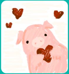 a drawing of a pig with hearts coming out of it