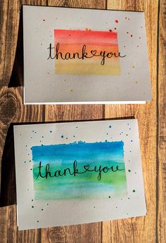 two watercolor cards with thank you written on them