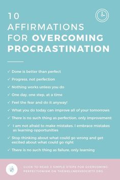 the words 10 affirmations for overcoming procrastination on a blue background