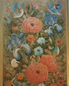 a painting with flowers and birds on it