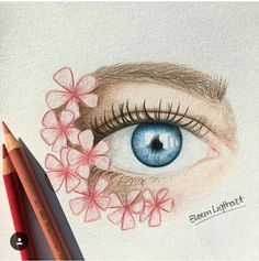 a pencil drawing of an eye with pink flowers around the iris's blue eyes