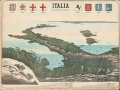 an old map of italy with mountains and lakes