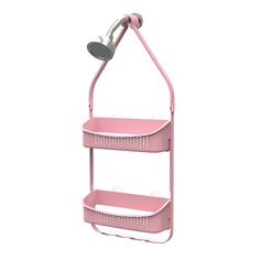 a pink shower caddy with two shelves