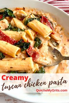 A white bowl with creamy tuscan chicken pasta. Spinach Rigatoni, Chicken Sun Dried Tomatoes, Creamy Tuscan Chicken Pasta, Tuscan Pasta, Creamy Tuscan Chicken, Tuscan Chicken Pasta, Chicken With Italian Seasoning, Rigatoni Pasta, Seasoned Chicken