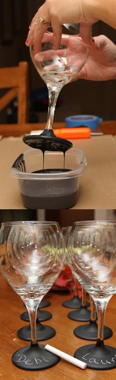 two pictures of wine glasses being filled with water, and one has been placed on the table