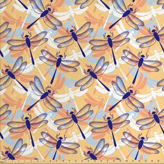 an orange and blue dragonfly pattern on a yellow background