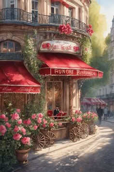 a painting of an outside cafe with pink flowers on the windows and red awnings