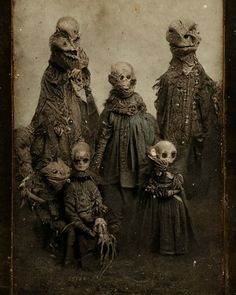 an old time photo shows three creepy people and two small children in costumes with heads on their shoulders