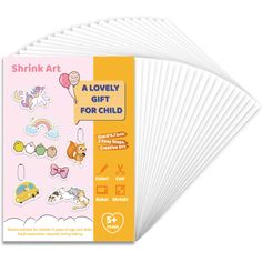 six sheets of shrink art stickers with the words lovely gift for child on them