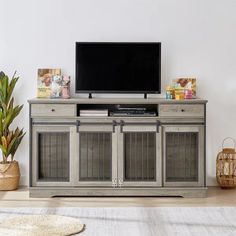 gray wash wood double dog crate furniture tv stand for 2 dogs