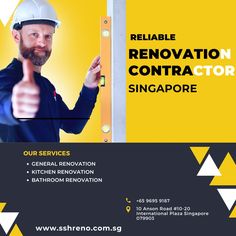 a man in a hard hat pointing to the side of a yellow and black business card