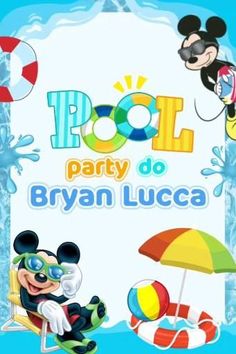 an image of mickey mouse in the pool with other cartoon characters around him and his beach ball