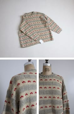 two pictures of sweaters with red and white designs on them, one is made from wool