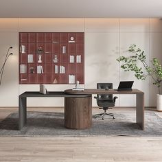 an office with a desk, chair and plant in the corner by the wall is decorated with red bookshelves