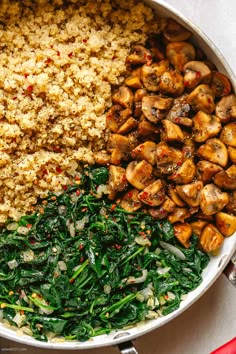 the ingredients for this dish include spinach, mushrooms, and quinoa rice