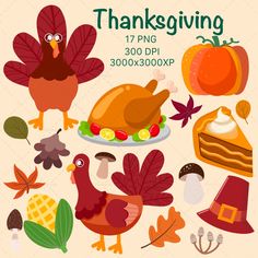 thanksgiving clipart set with turkey, pumpkins, pie and other items to decorate