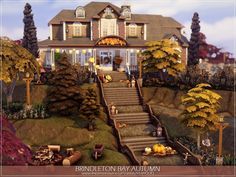 an animated image of a house with stairs leading up to the front door and trees surrounding it