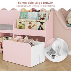 a pink toy storage box with books in it